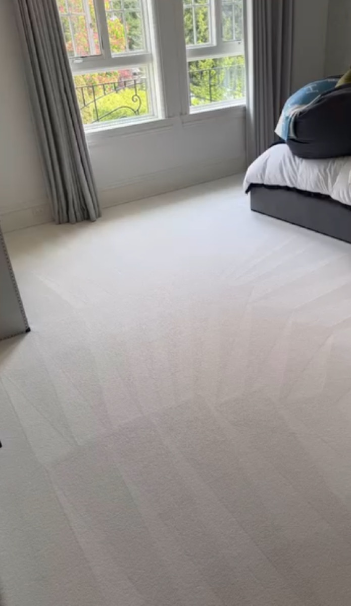 Freshly cleaned bedroom carpet with fan grooming strokes and garden views in Vancouver