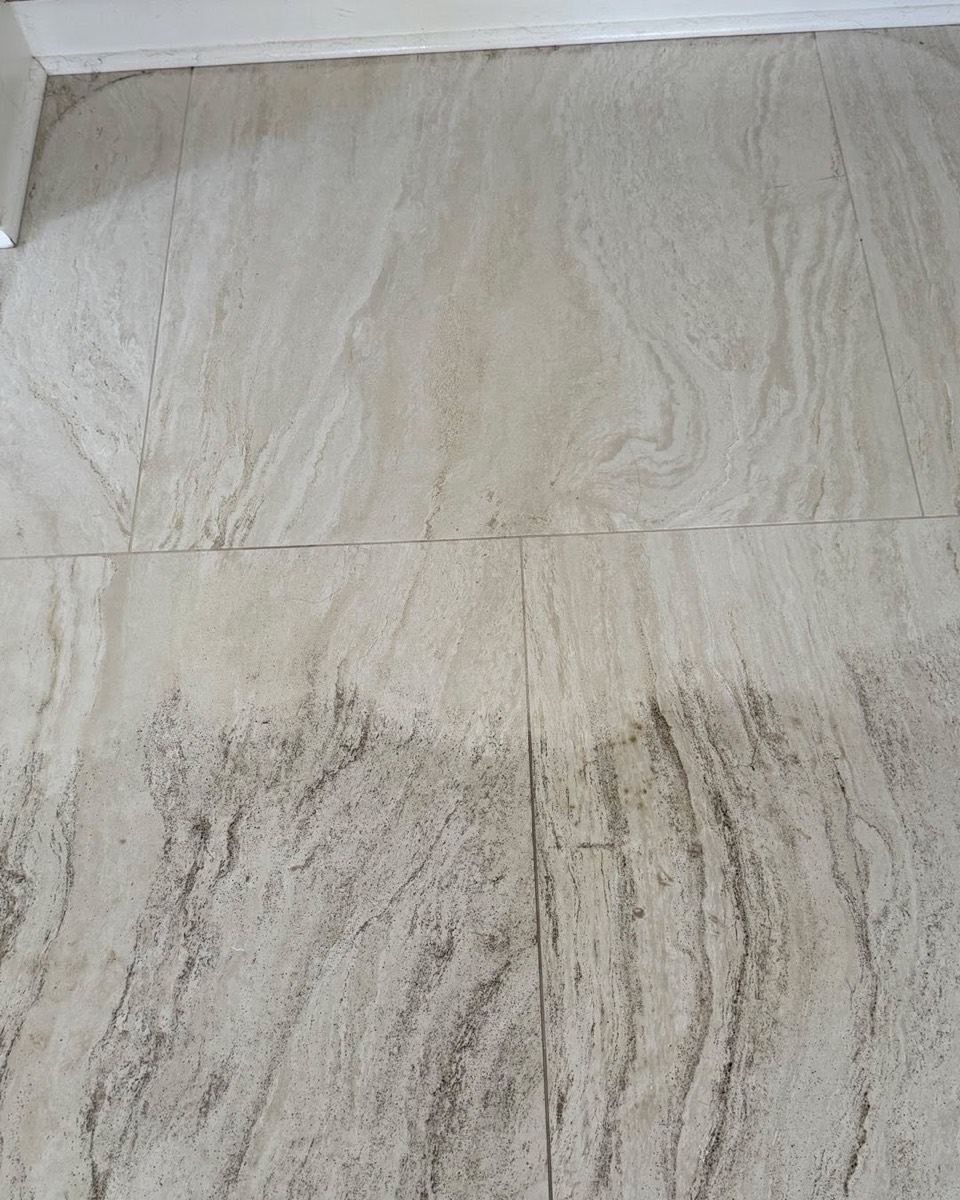 Before and after travertine tile and grout cleaning by First Class Carpet Cleaning, Vancouver