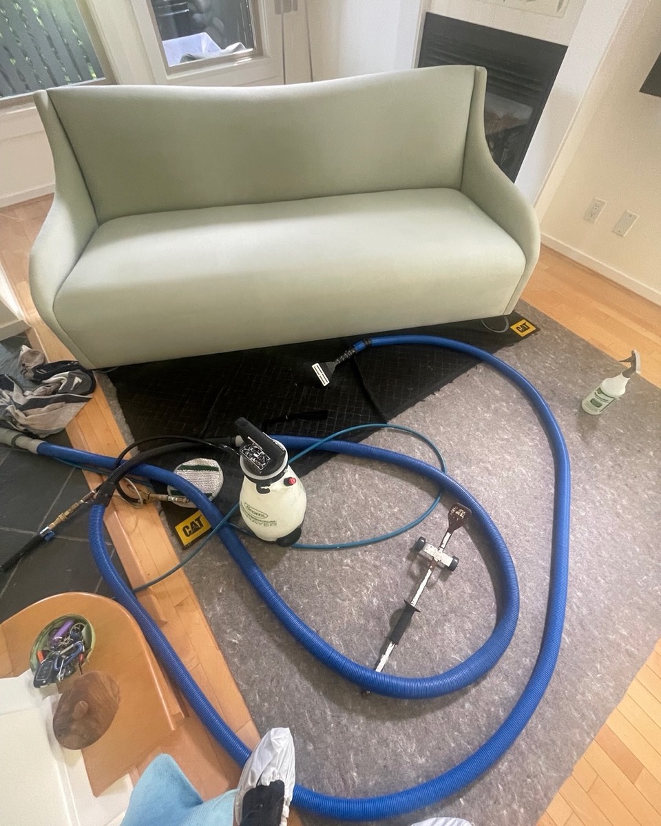 Sage-green settee professionally upholstery-cleaned with a sprayer and wand in Vancouver